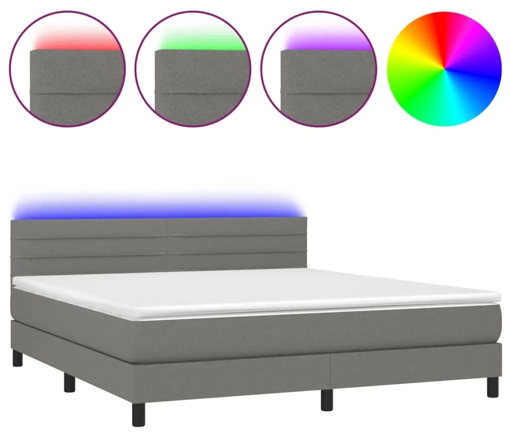 Κρεβάτι Boxspring με Στρώμα &amp; LED Σκ.Γκρι 160x200 εκ Υφασμάτινο - Γκρι