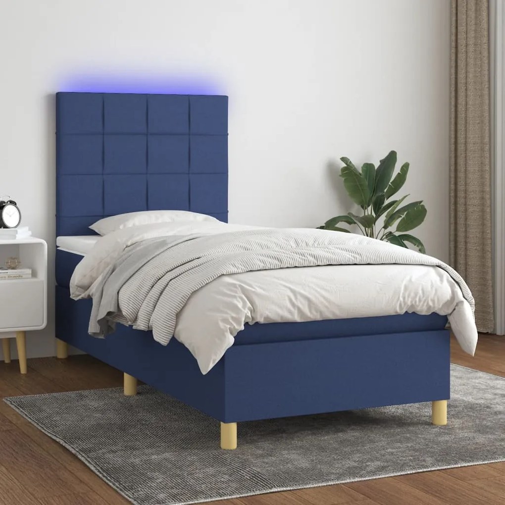 Κρεβάτι Boxspring με Στρώμα &amp; LED Μπλε 90x200 εκ. Υφασμάτινο - Μπλε