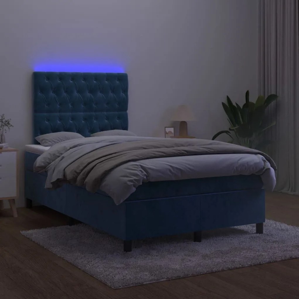 Κρεβάτι Boxspring με Στρώμα &amp; LED Σκ. Μπλε 120x200εκ. Βελούδινο - Μπλε