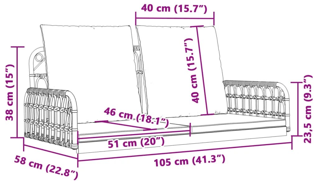 Παγκάκι Κούνια 105x58x38 εκ. Συνθ. Ρατάν &amp; Ατσάλι με Μαξιλάρια - Καφέ