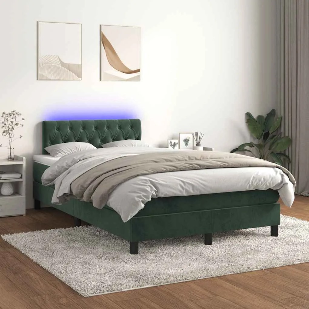 vidaXL Κρεβάτι Boxspring με Στρώμα &amp; LED Σκ. Πράσινο 120x190εκ Βελούδο