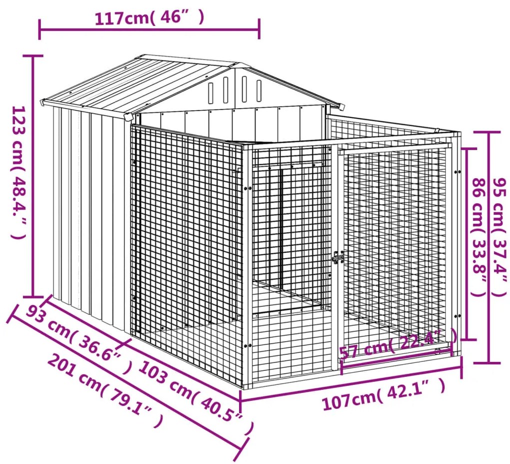 vidaXL Σπιτάκι Σκύλου με Αυλή Ανθρακί 117x201x123 εκ. Γαλβαν. Χάλυβας