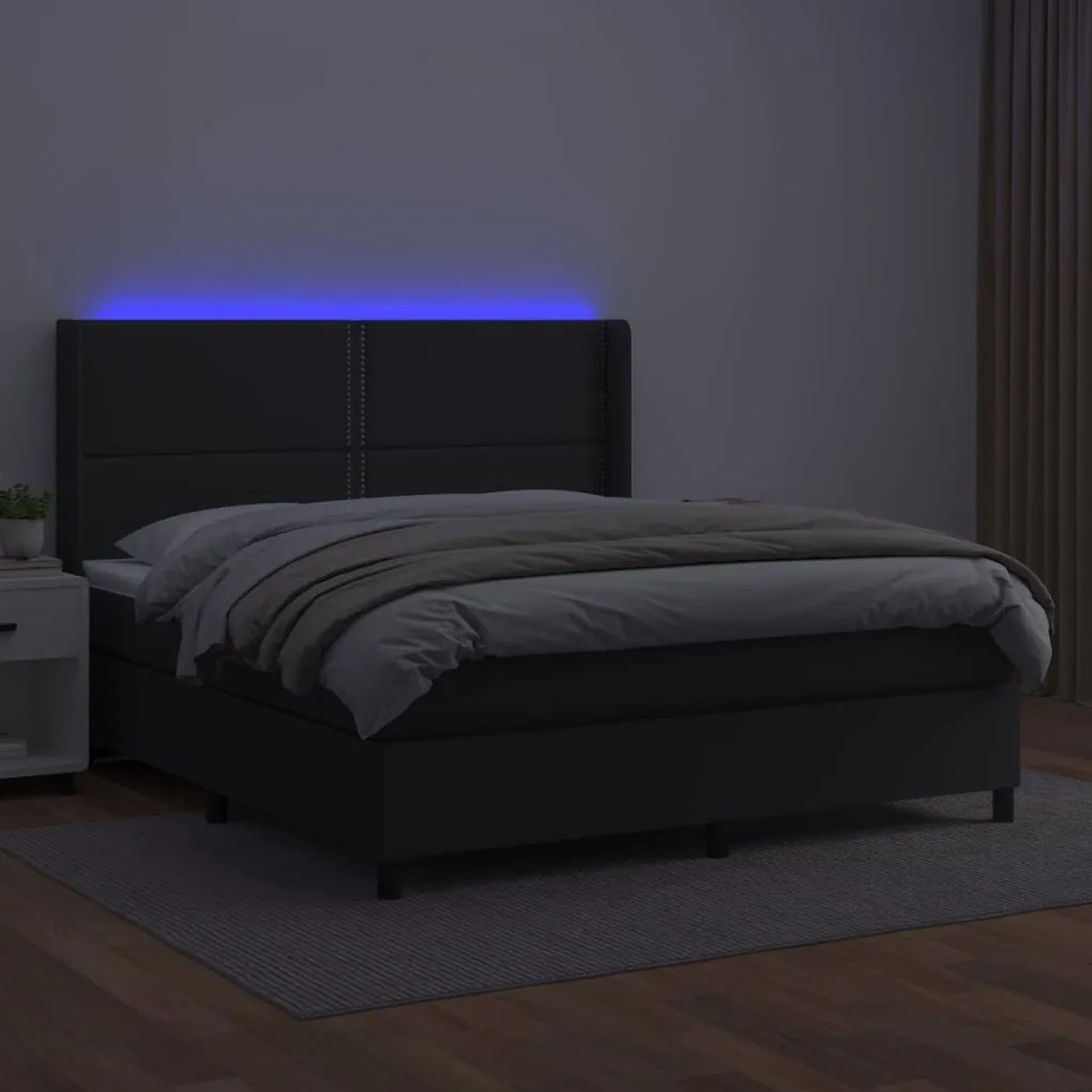 Κρεβάτι Boxspring με Στρώμα &amp; LED Μαύρο 180x200 εκ. Συνθ. Δέρμα - Μαύρο