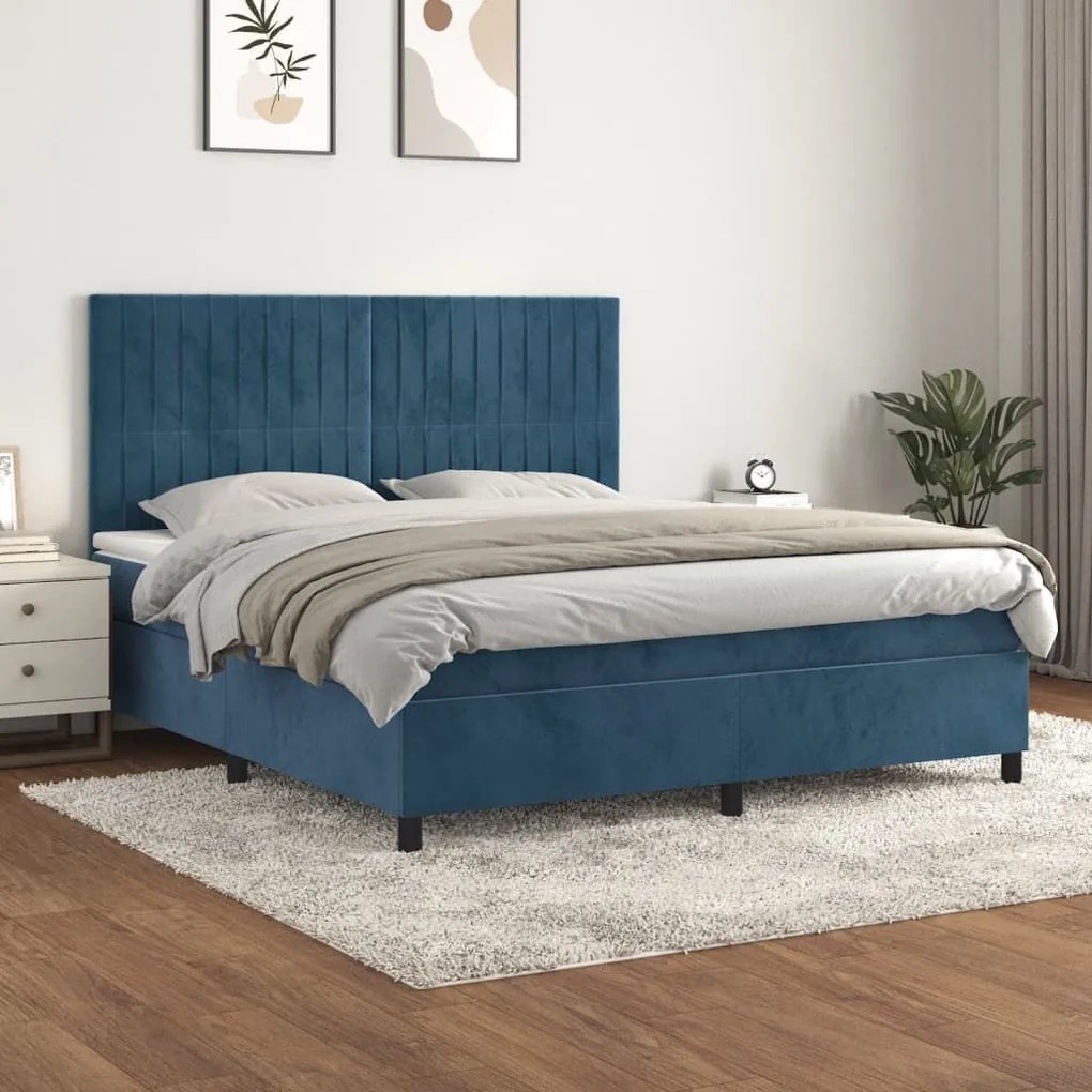 Κρεβάτι Boxspring με Στρώμα Σκούρο Μπλε 160x200 εκ. Βελούδινο - Μπλε