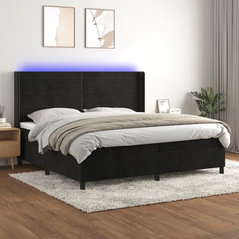 vidaXL Κρεβάτι Boxspring με Στρώμα & LED Μαύρο 200x200 εκ. Βελούδινο