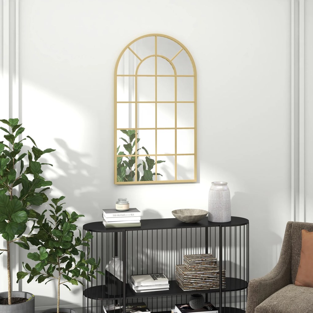 HOMCOM Επιτοίχιος Καθρέφτης, σχέδιο παραθύρου, καθρέφτης εισόδου, μεταλλικό πλαίσιο, 110 x 65 cm, Χρυσό