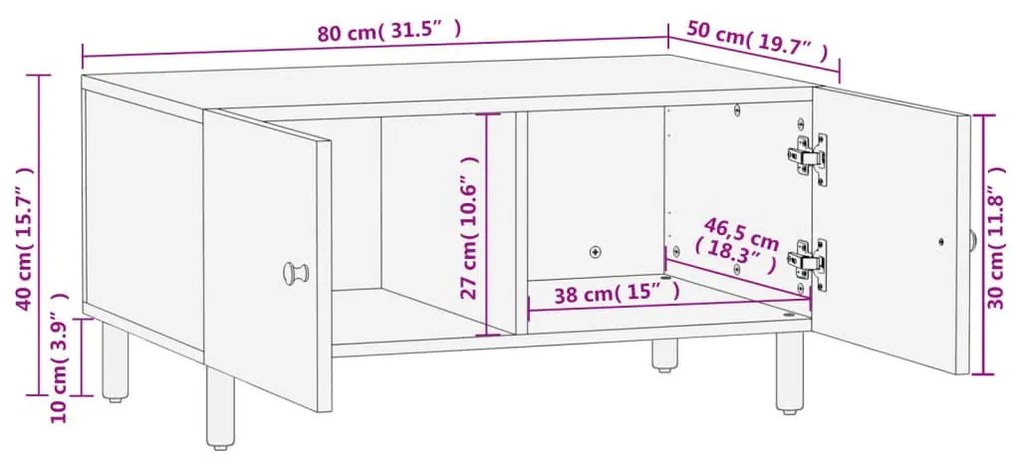 Τραπεζάκι Σαλονιού Μαύρο 80 x 50 x 40 εκ. από Μασίφ Ξύλο Μάνγκο - Μαύρο