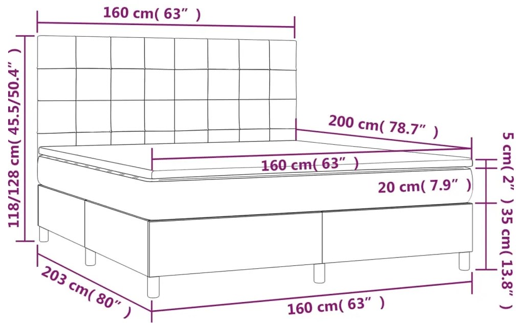 Κρεβάτι Boxspring με Στρώμα &amp; LED Αν.Γκρι 160x200 εκ. Βελούδινο - Γκρι