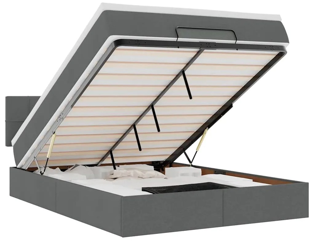 vidaXL Οθωμανικό κρεβάτι με στρώμα & LEDs Σκούρο γκρι 140x200cm Ύφασμα