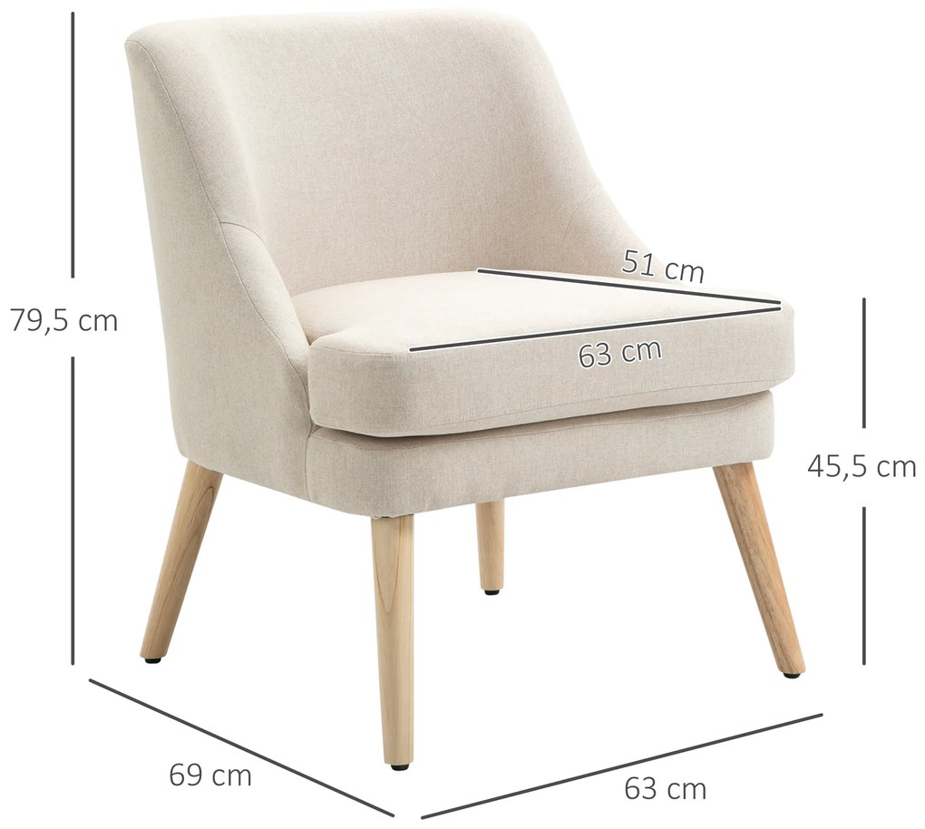 HOMCOM Πολυθρόνα Σαλόνι με όψη λινό, μπράτσα, Μαλακή πολυθρόνα Relax με ξύλινα πόδια, για σαλόνι, υπνοδωμάτιο, Κρεμ λευκό