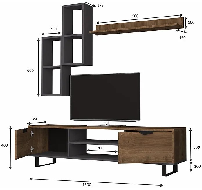 Σύνθεση τηλεόρασης Lonsa Megapap χρώμα καρυδί - ανθρακί 160x35x40εκ.