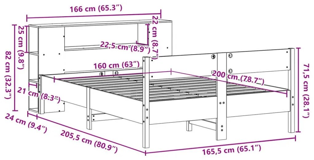 Κρεβάτι Βιβλιοθήκη Χωρίς Στρώμα 160x200 εκ Μασίφ Ξύλο Πεύκου - Λευκό