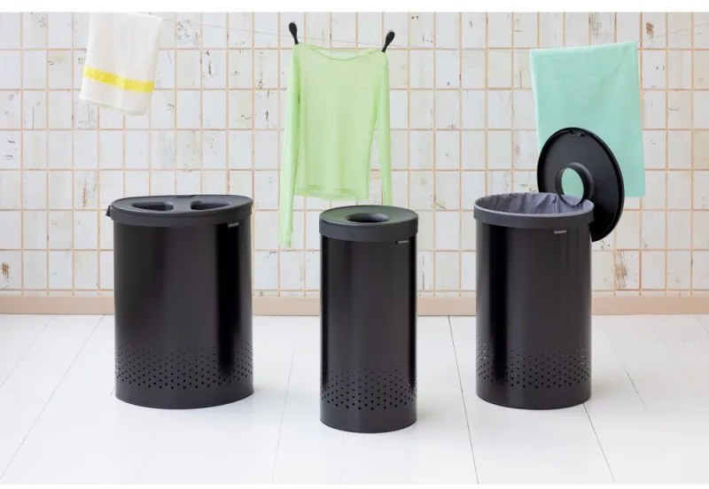 Καλάθι πλύσης Brabantia Selector 1008917, 55 l, 2 διαμερίσματα, οπές εξαερισμού, πλήρωση χωρίς άνοιγμα, Μαύρο