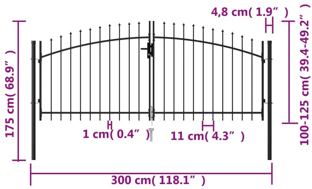 vidaXL Καγκελόπορτα Διπλή με Ακίδες Μαύρη 3 x 1,25 μ. Ατσάλινη