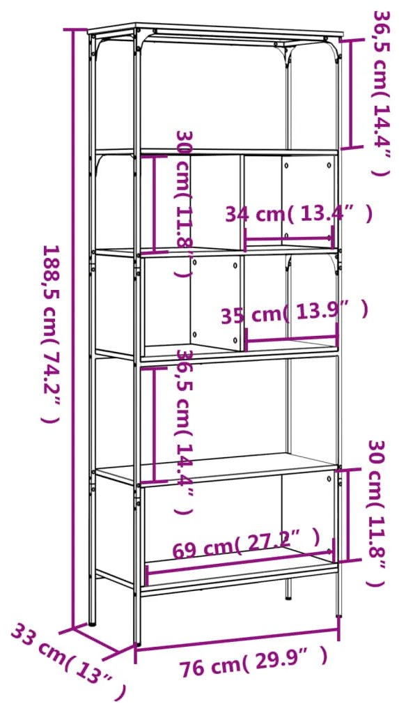 Βιβλιοθήκη 5 Επιπέδων Καπνιστή Δρυς 76x33x188,5 εκ. Επεξ. Ξύλο - Καφέ