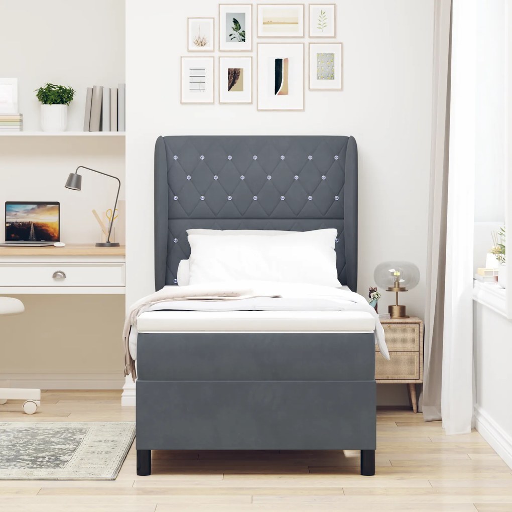 vidaXL Κρεβάτι Box Spring με Στρώμα Σκοτεινό Γκρι 90x190 εκ Βελούδο