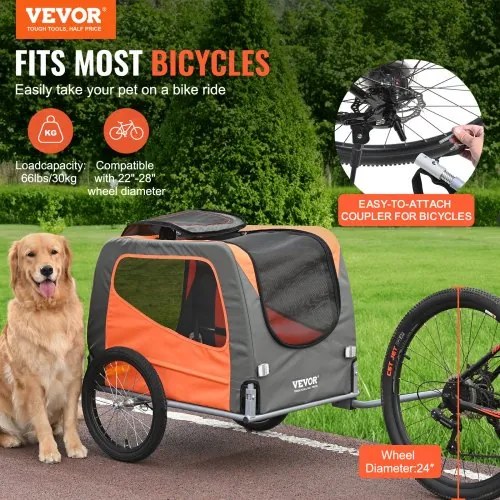 VEVOR Dog Bike Trailer, Supports up to 66 lbs, Pet Cart Bicycle Carrier, Easy Folding Frame with Quick Release Wheels, Universal Bicycle Coupler, Reflectors, Flag, Collapsible to Store, Orange/Gray