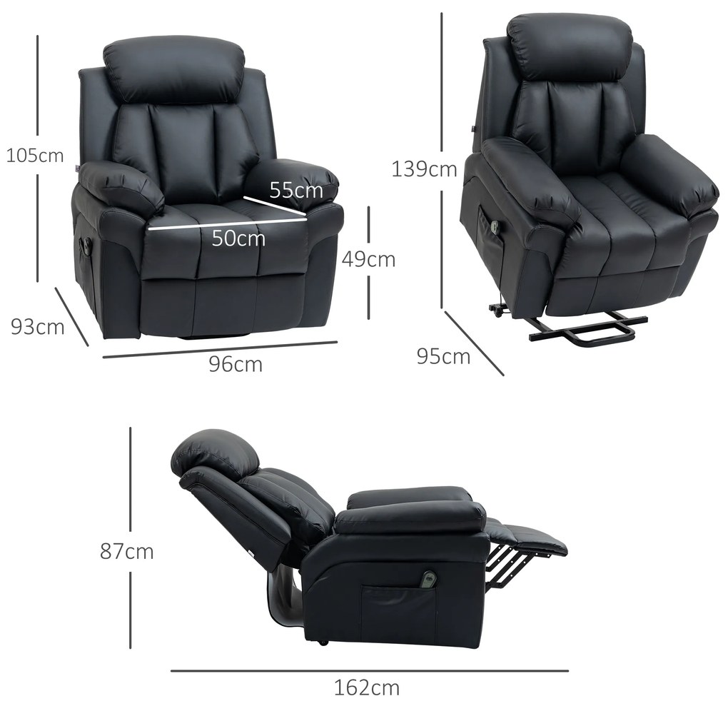 HOMCOM Πολυθρόνα Relax με Λειτουργία Ανύψωσης, Περιλαμβάνει Υποπόδιο και Προσκέφαλο, 1 Τηλεχειριστήριο, Μαύρο