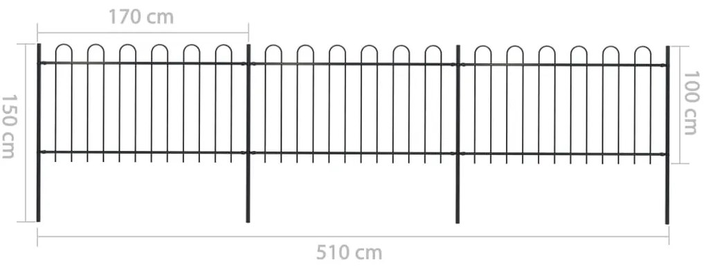 vidaXL Κάγκελα Περίφραξης με Κυκλική Κορυφή Μαύρα 5,1 x 1 μ. Ατσάλινα