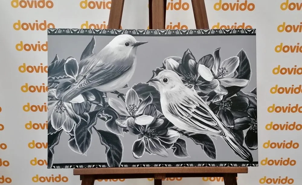 Εικόνα ασπρόμαυρων πουλιών και λουλουδιών σε vintage σχέδιο - 120x80
