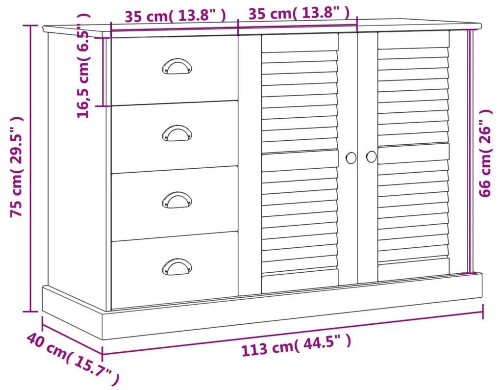 Μπουφές με Συρτάρια VIGO Γκρι 113x40x75 εκ. Μασίφ Ξύλο Πεύκο - Γκρι