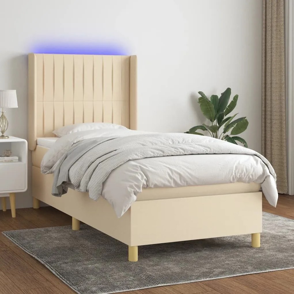 ΚΡΕΒΑΤΙ BOXSPRING ΜΕ ΣΤΡΩΜΑ &amp; LED ΚΡΕΜ 90X190 ΕΚ. ΥΦΑΣΜΑΤΙΝΟ 3139002