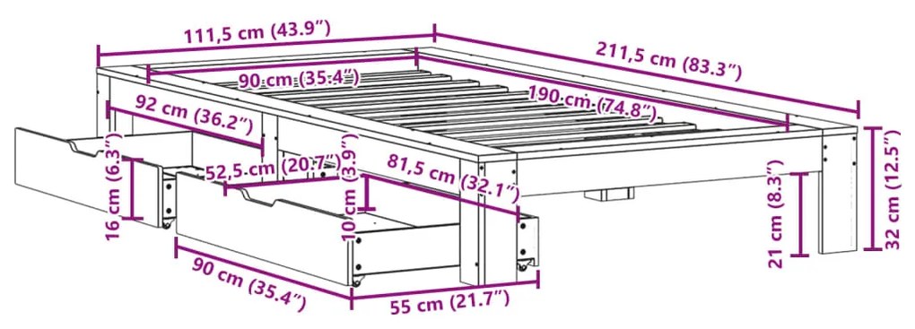 Σκελετός Κρεβατιού Χωρίς Στρώμα 90x190 εκ Μασίφ Ξύλο Πεύκου - Καφέ