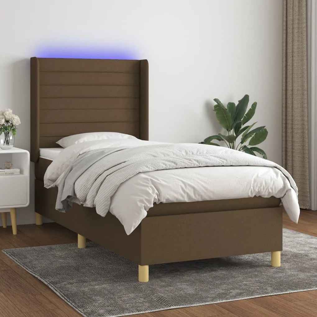 Κρεβάτι Boxspring με Στρώμα &amp; LED Σκ.Καφέ 80x200 εκ. Υφασμάτινο