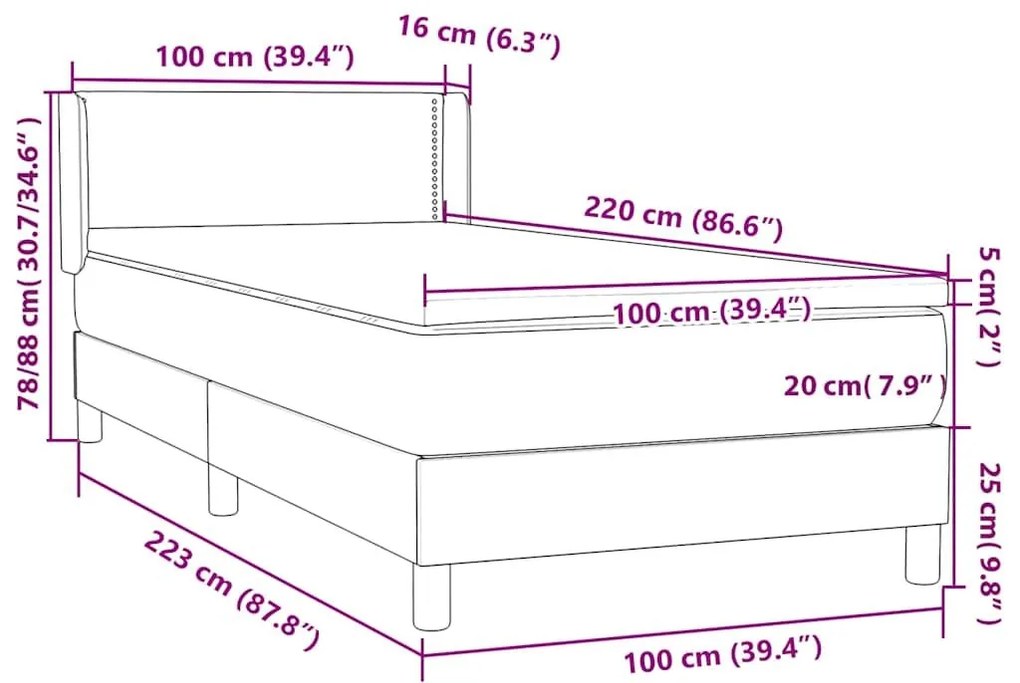 Box Spring κρεβάτι με στρώμα ανοιχτό γκρι 100x220 εκ. Βελούδινο - Γκρι