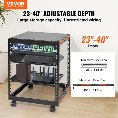 VEVOR 12U Open Frame Server Rack, 15&#039;&#039;-40&#039;&#039; Adjustable Depth, Free Standing or Wall Mount Network Server Rack, 4 Post AV Rack with Casters, Holds All Your Networking IT Equipment AV Gear Router Modem