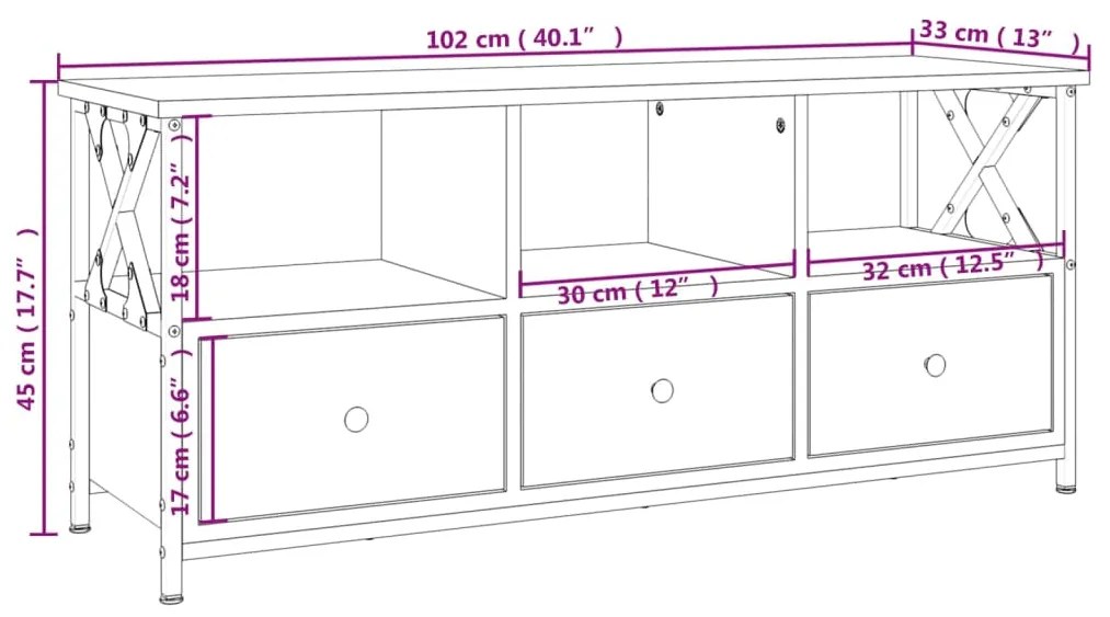 Έπιπλο Τηλεόρασης Καφέ Δρυς 102x33x45 εκ. Επεξ. Ξύλο/Σίδερο - Καφέ