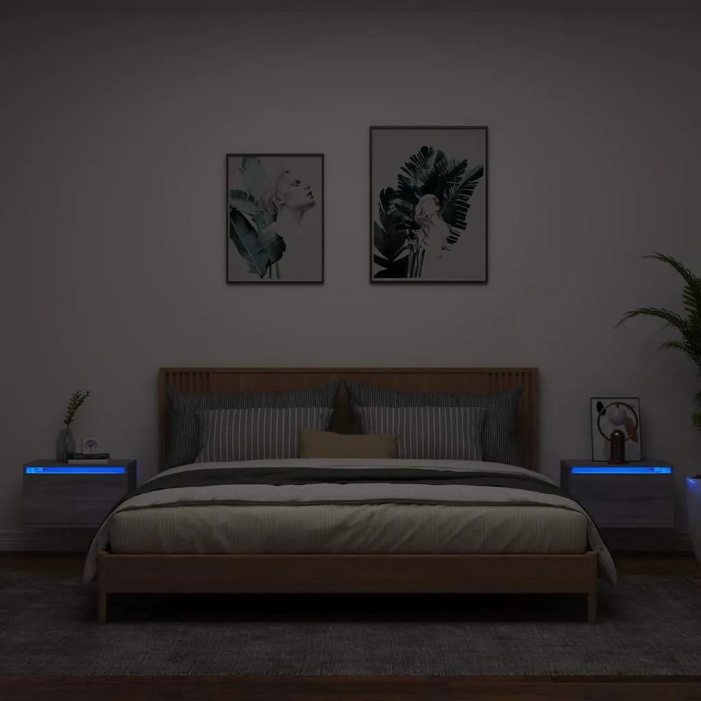vidaXL Κομοδίνα Επιτοίχια με Φώτα LED 2 τεμ. Γκρι Sonoma