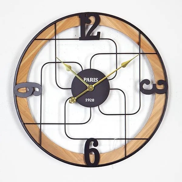 Ρολόι Τοίχου Μεταλλικό-Ξύλινο Μαύρο-Χρυσό-Natural 60x4,5x60εκ. ESTHETI 753-10022