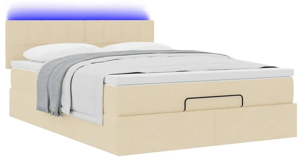 vidaXL Οθωμανικό κρεβάτι με στρώμα & LEDs Cream 140x200 cm Ύφασμα