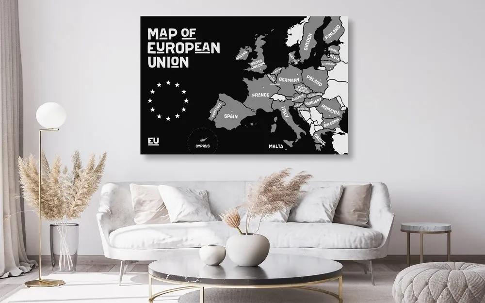 Εικόνα σε εκπαιδευτικό χάρτη από φελλό με ονόματα χωρών σε μαύρο & άσπρο της ΕΕ - 120x80  peg