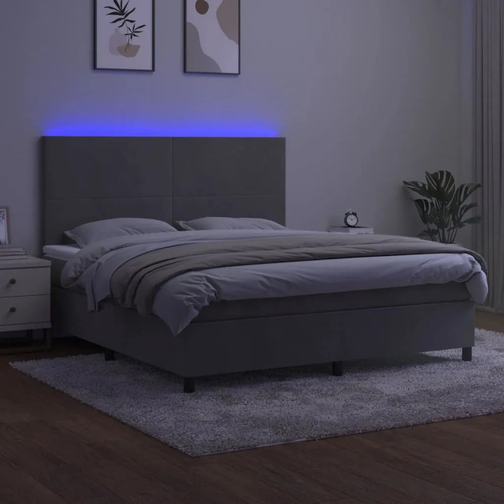 Κρεβάτι Boxspring με Στρώμα &amp; LED Αν.Γκρι 180x200 εκ. Βελούδινο - Γκρι