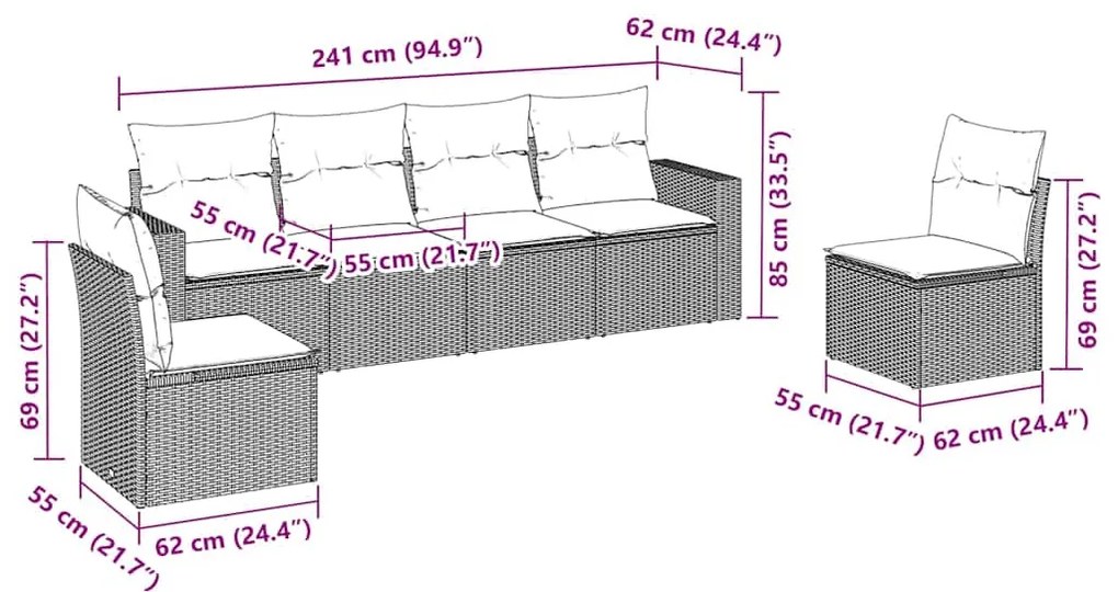 vidaXL Καναπές Κήπου 6 Τεμαχίων Μαύρο από Συνθετικό Ρατάν με Μαξιλάρια
