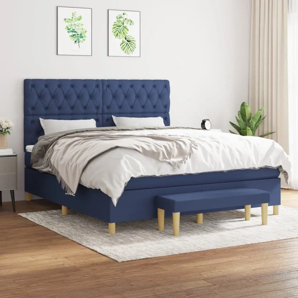 Κρεβάτι Boxspring με Στρώμα Μπλε 160x200 εκ. Υφασμάτινο - Μπλε