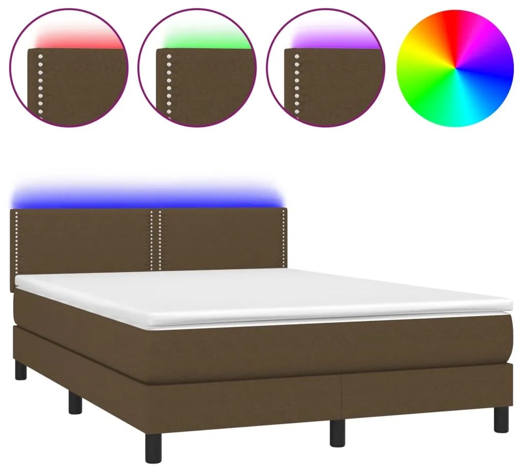 Κρεβάτι Boxspring με Στρώμα &amp; LED Σκ.Καφέ 140x190 εκ Υφασμάτινο - Καφέ