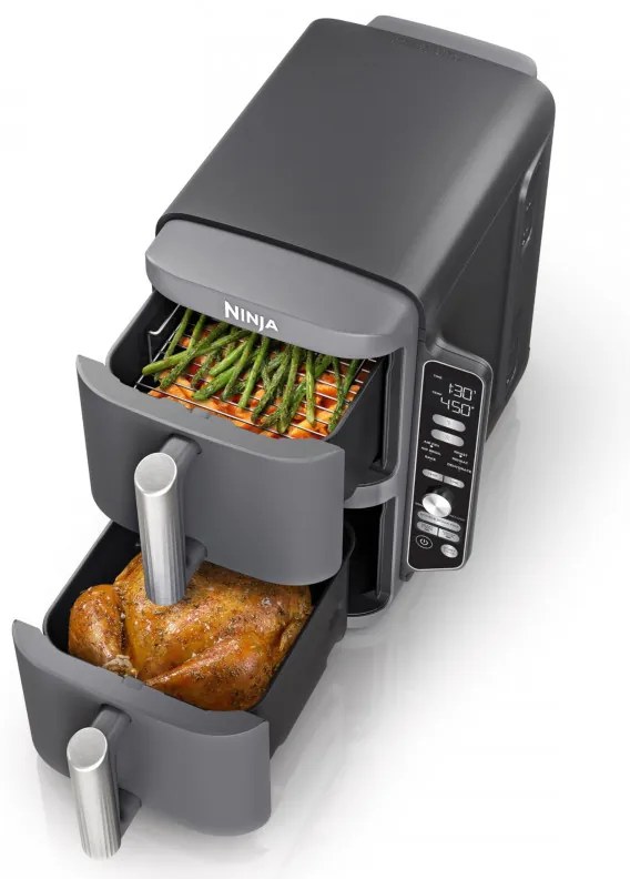 Ninja SL451EU Διπλή φριτέζα ζεστού αέρα, 2470W, 9,5L, ψηφιακό θερμόμετρο, 2 καλάθια, 6 προγράμματα, Max Crisp, Sync & Match, γκρι