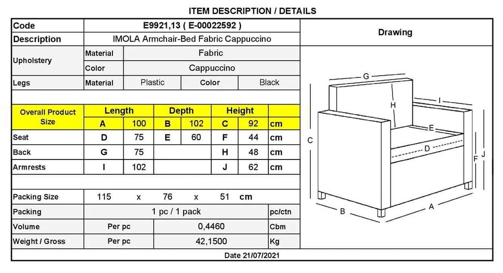 Πολυθρόνα Κρεβάτι IMOLA Ύφασμα Cappuccino 100x102x92(Κρεβ.75x180x44)cm