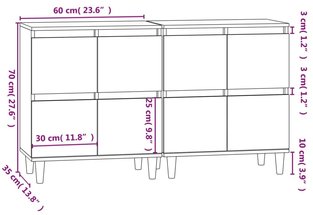 Ντουλάπια 2 τεμ. Γυαλιστ. Λευκό 60x35x70 εκ. Επεξεργασμένο Ξύλο - Λευκό