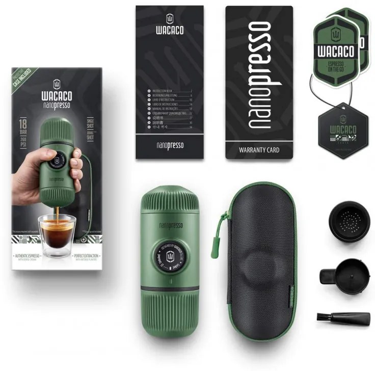 Φορητή μηχανή εσπρέσο Wacaco Nanopresso Moss Green, 18bar, 80 ml, Για αλεσμένο καφέ, Δεν απαιτείται φόρτιση και μπαταρίες, Θήκη, Πράσινο