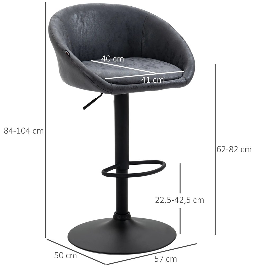 HOMCOM Σετ 2 σκαμπό μπαρ, ρυθμιζόμενο ύψος, περιστρεφόμενο 360 μοίρες, 57 εκ. x 50 εκ. x 84-104 εκ., Γκρι