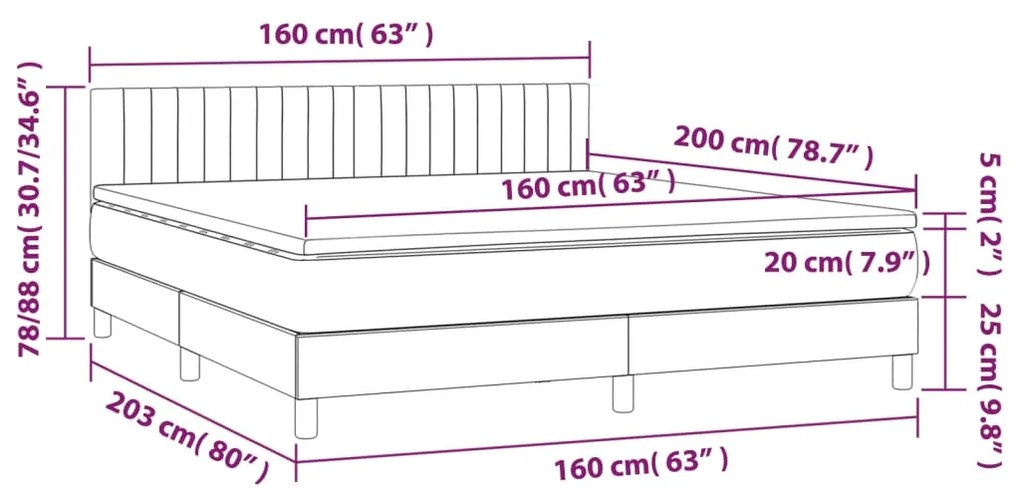 Κρεβάτι Boxspring με Στρώμα &amp; LED Σκ.Γκρι 160x200 εκ Υφασμάτινο - Γκρι