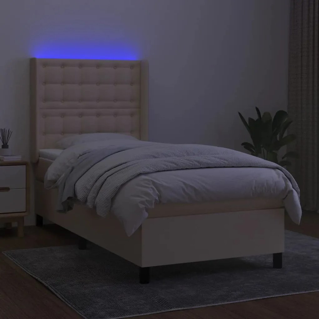 Κρεβάτι Boxspring με Στρώμα &amp; LED Κρεμ 90x200 εκ. Υφασμάτινο - Κρεμ