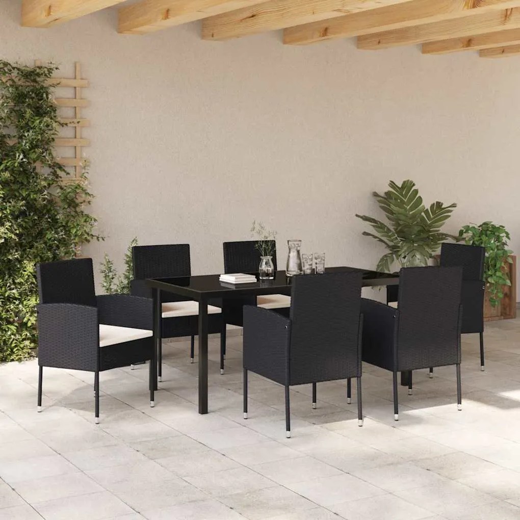 vidaXL Σέτ φαγητού για κήπο με μαξιλάρι 7 pcs Μαύρο Πολυ ράταν