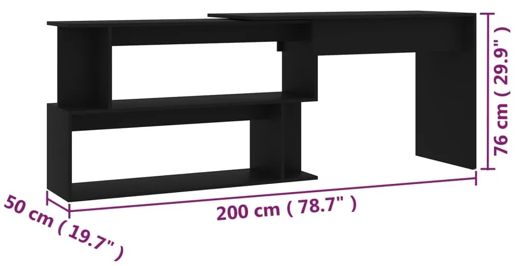 vidaXL Γραφείο Γωνιακό Μαύρο 200 x 50 x 76 εκ. από Επεξ. Ξύλο