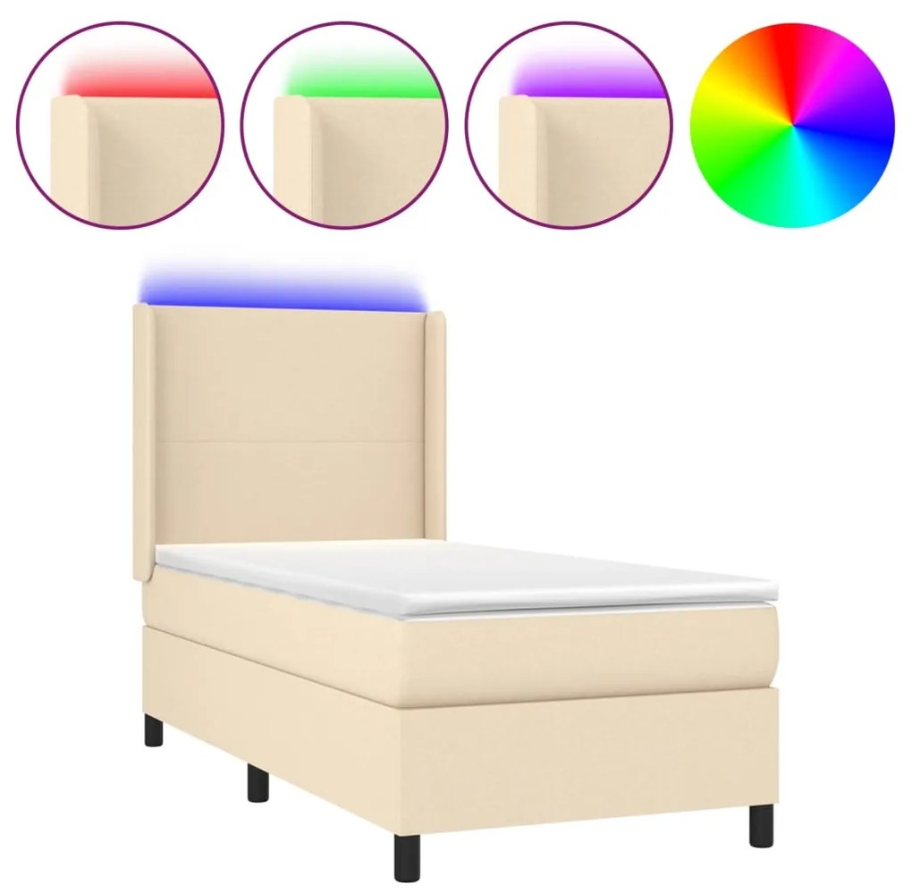 vidaXL Κρεβάτι Boxspring με Στρώμα & LED Κρεμ 90x190 εκ. Υφασμάτινο