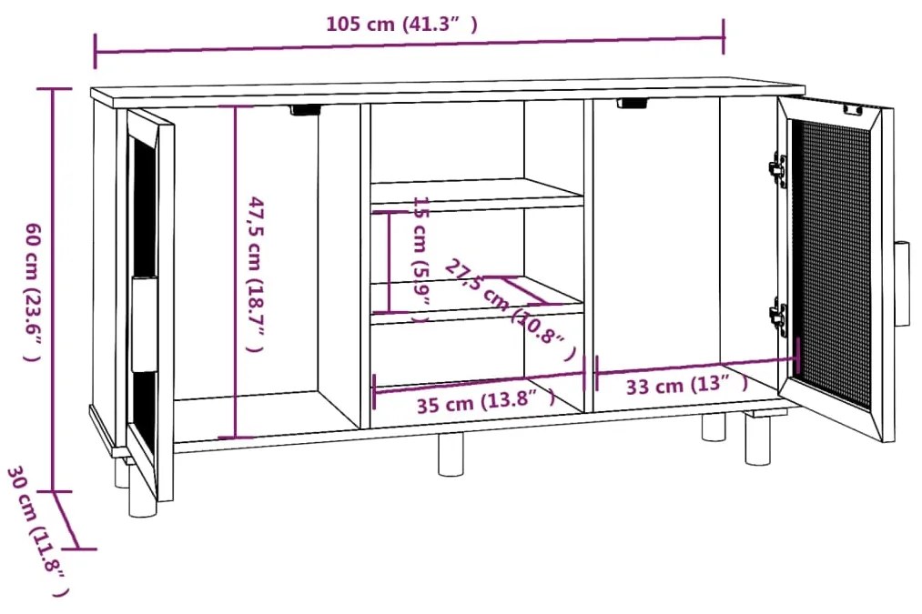 Συρταριέρα Καφέ 105x30x60 εκ. Μασίφ Πεύκο &amp; Φυσικό Ρατάν - Καφέ